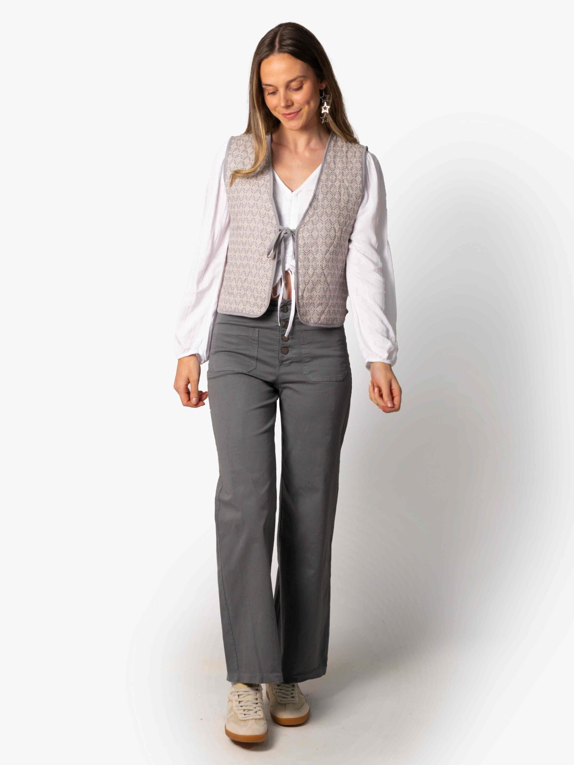 Pantalón Talle Alto Recto Botones Gris