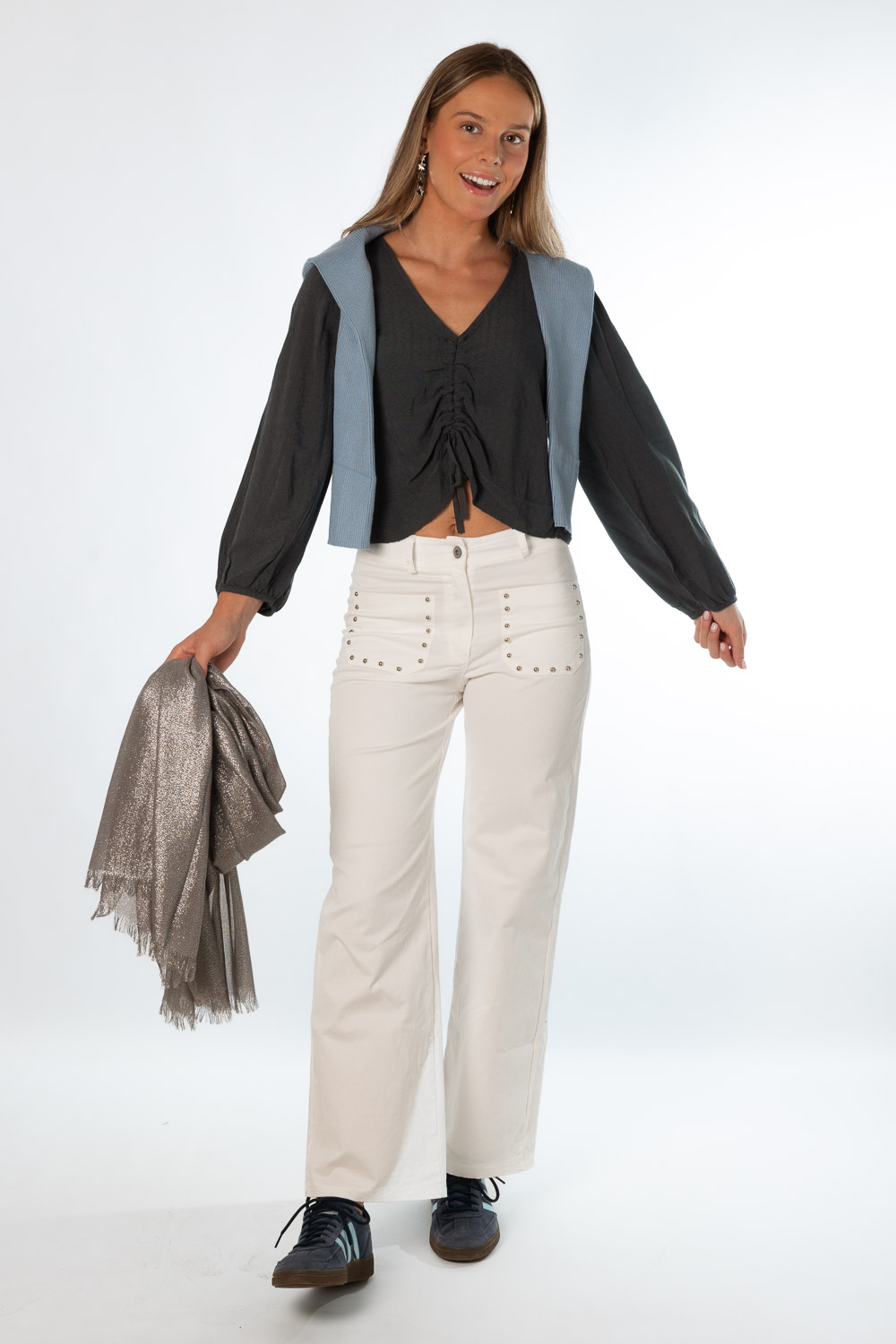 Pantalón Tachuelas Bolsillos Blanco