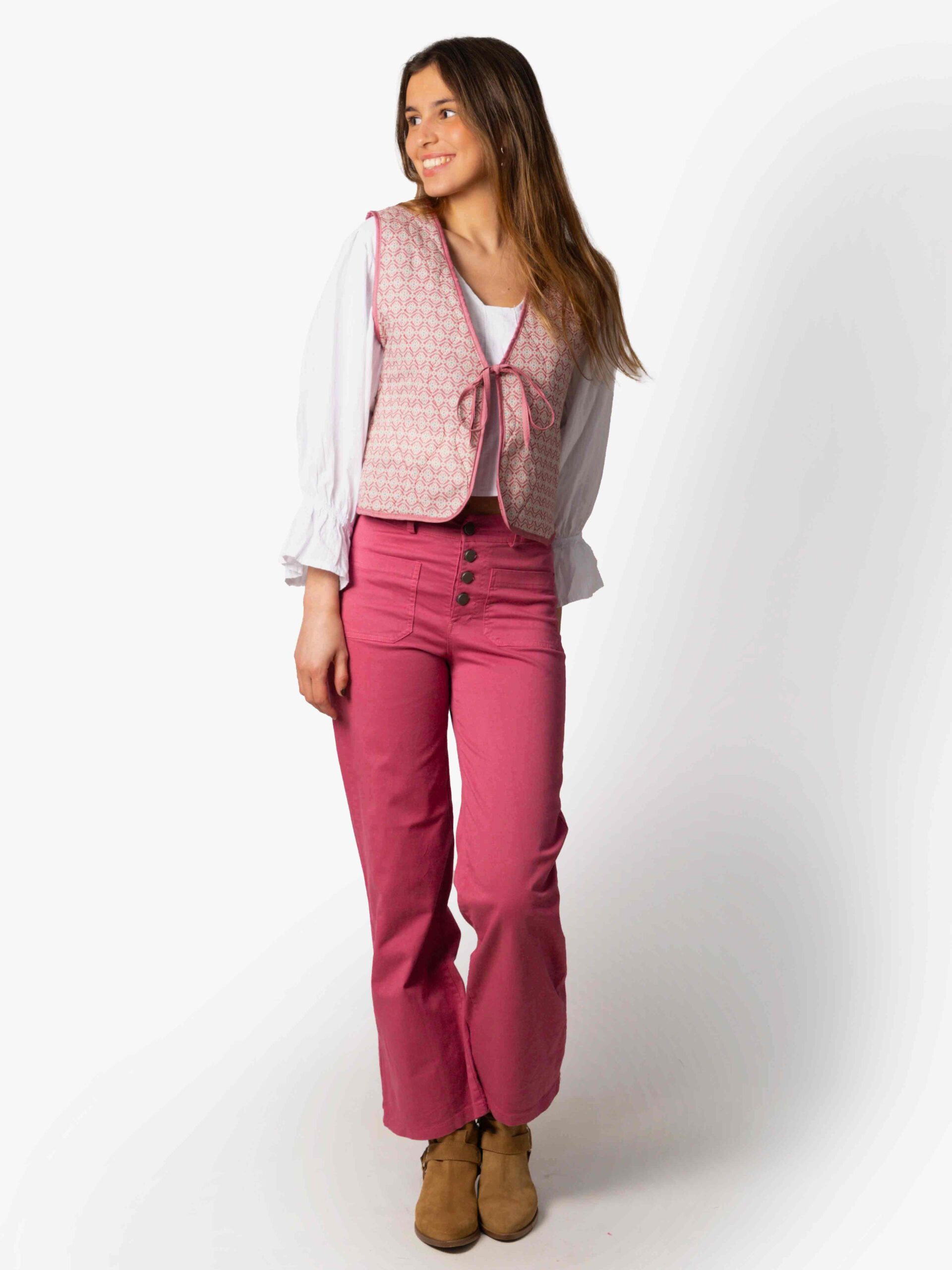 Pantalón Talle Alto Recto Botones Rosa