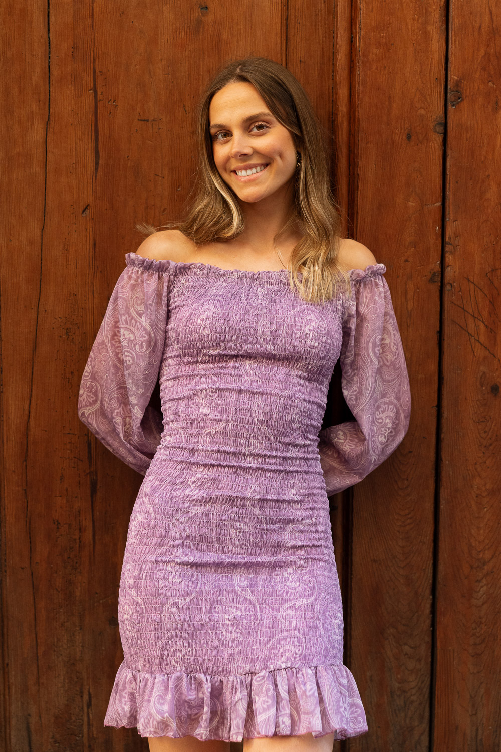 Vestido Bardot Paisley Lila