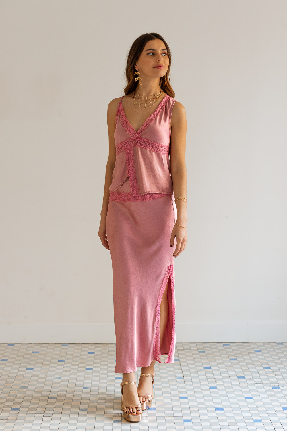 Falda Midi Encaje Wonder Blush