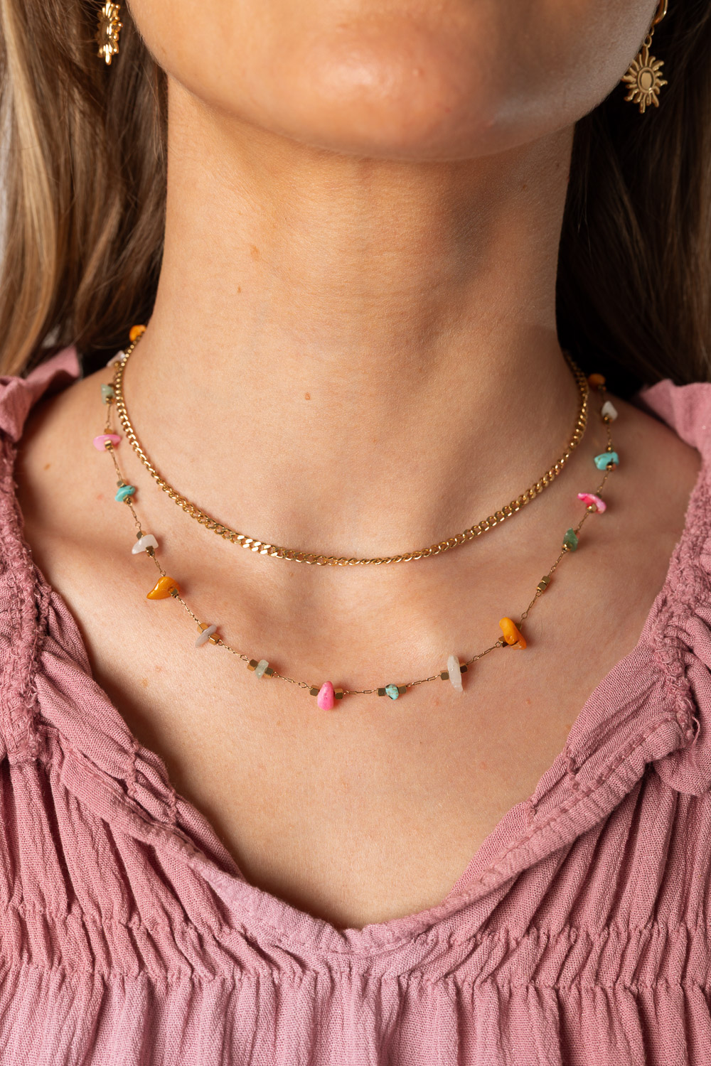 Collar Doble Piedras Multicolor Dorado