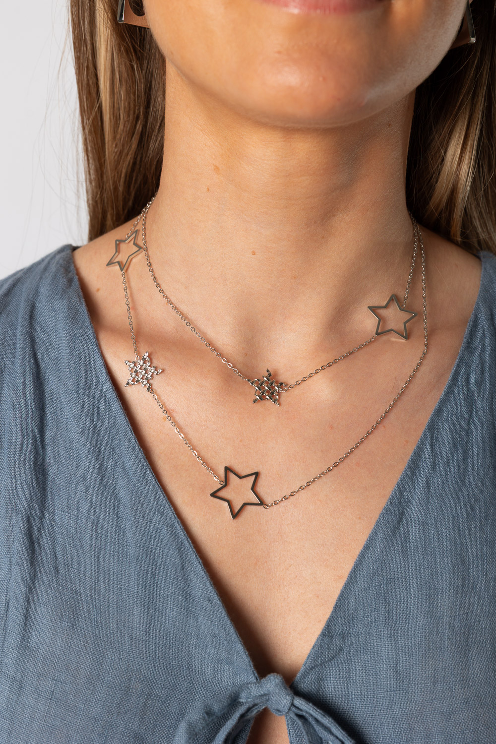 Collar Doble Maxi Estrellas Plata